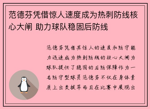 范德芬凭借惊人速度成为热刺防线核心大闸 助力球队稳固后防线