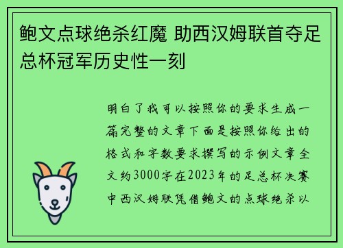 鲍文点球绝杀红魔 助西汉姆联首夺足总杯冠军历史性一刻